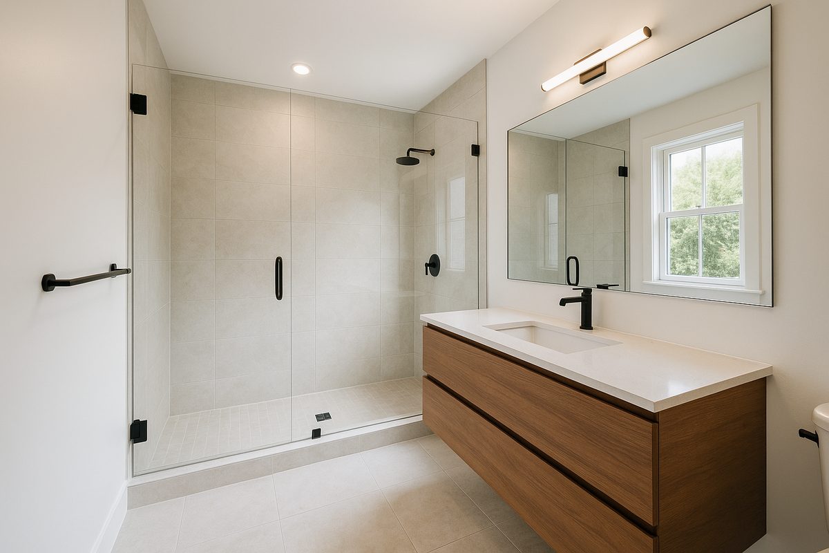 Bright modern bathroom with a new glass walk-in shower and tiled walls